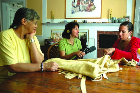 Maggie interviewing Michelle Fernandes and Anita Peters Little about their apprenticeship in Wampanoag regalia making. West Barmstable, MA, 2005. Photo by Russell A. Call